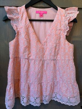 Lily Pulitzer Eyelet Flutter Sleeve V-Neck Top in Pink